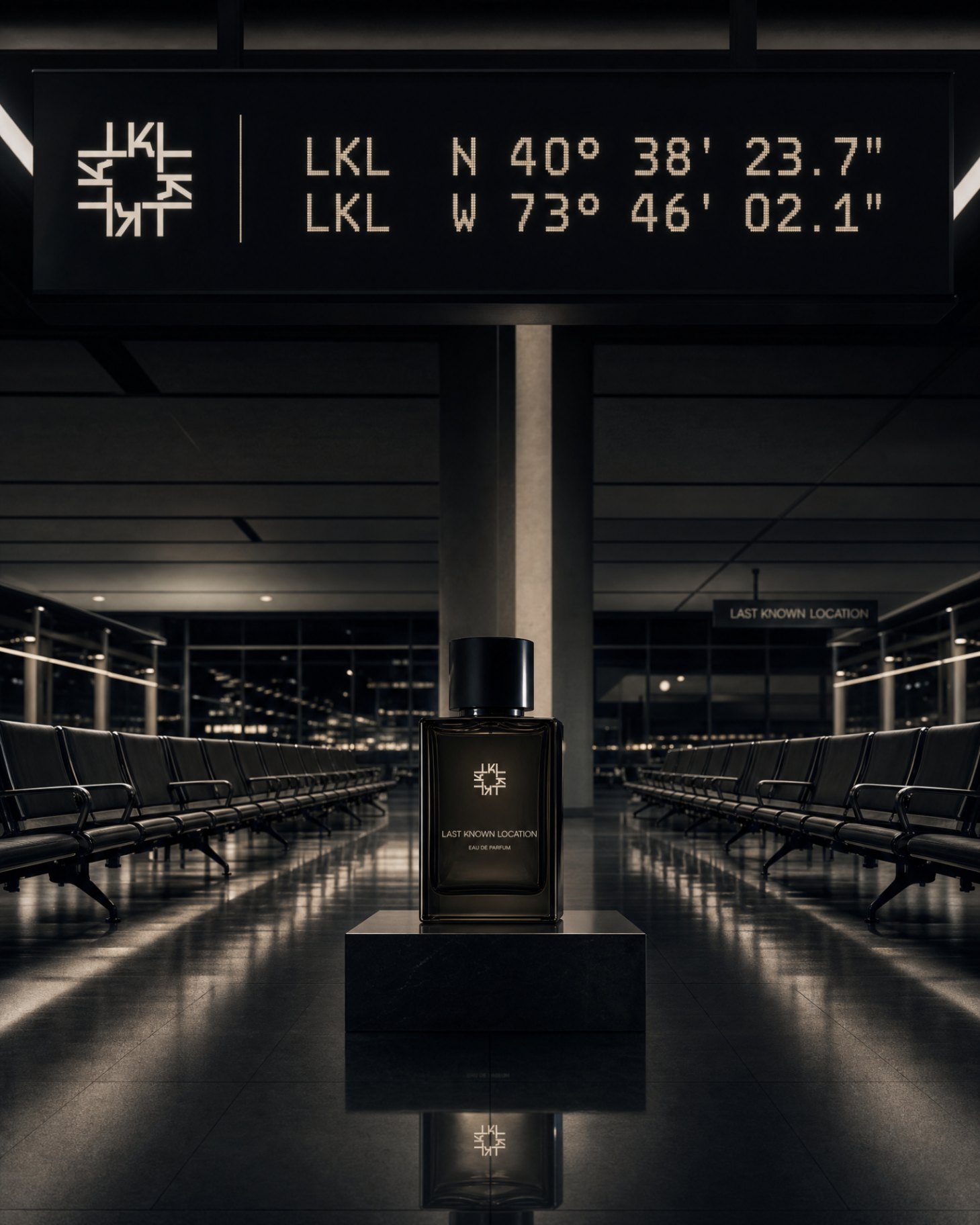 Fragrance displayed inside a terminal under directional coordinate signage