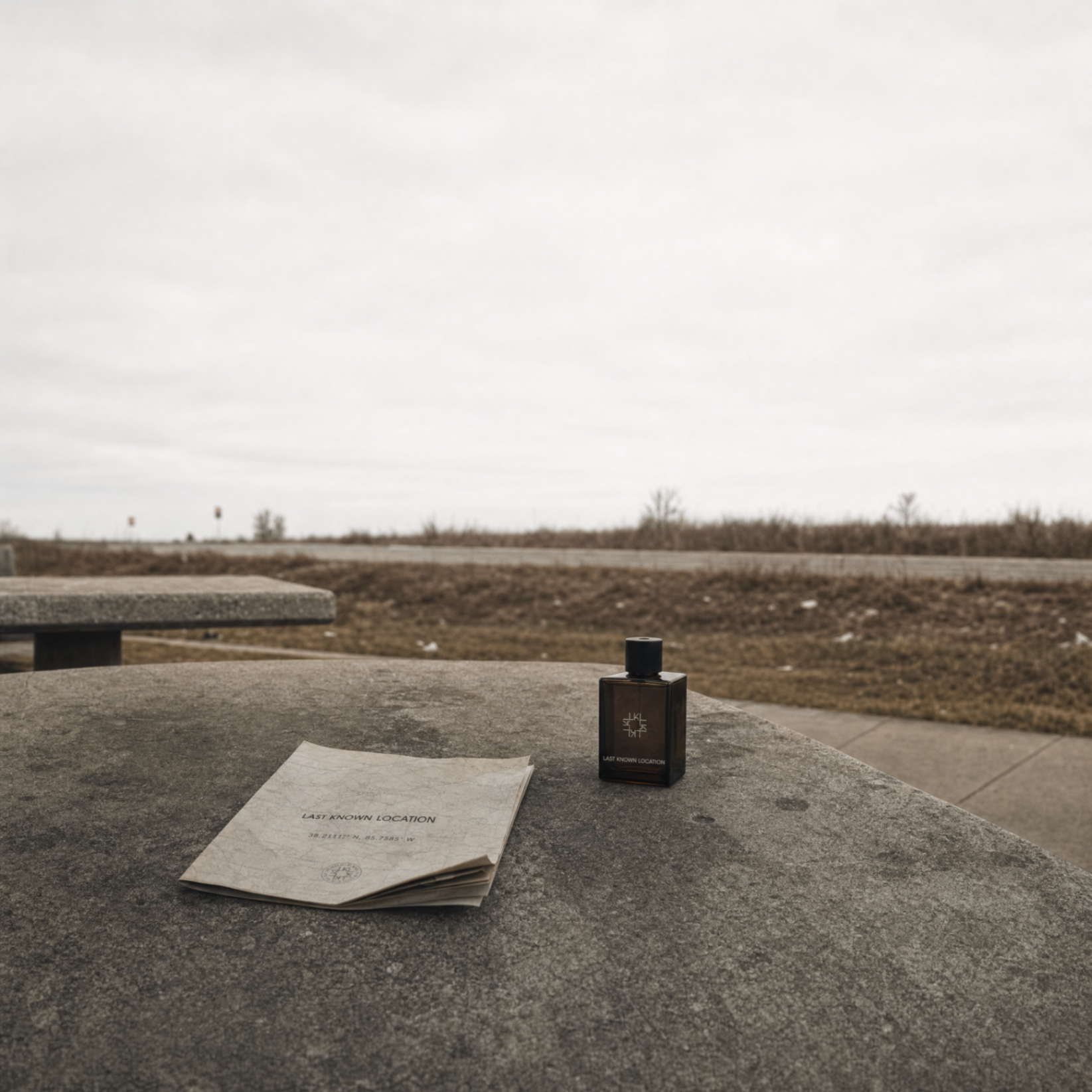 Fragrance at a motorway rest stop with printed field note