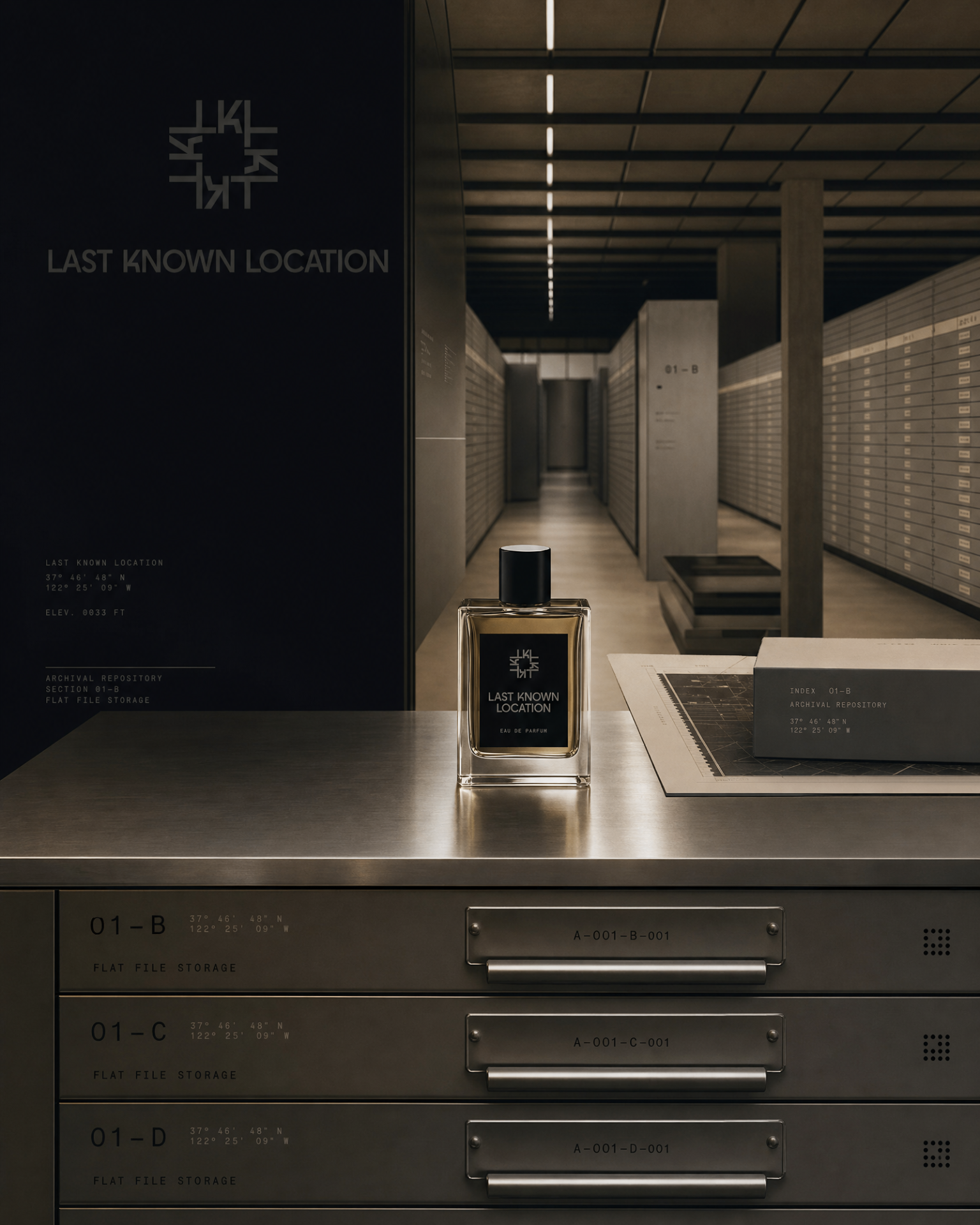 Fragrance placed in an archival repository with metal flat file drawers