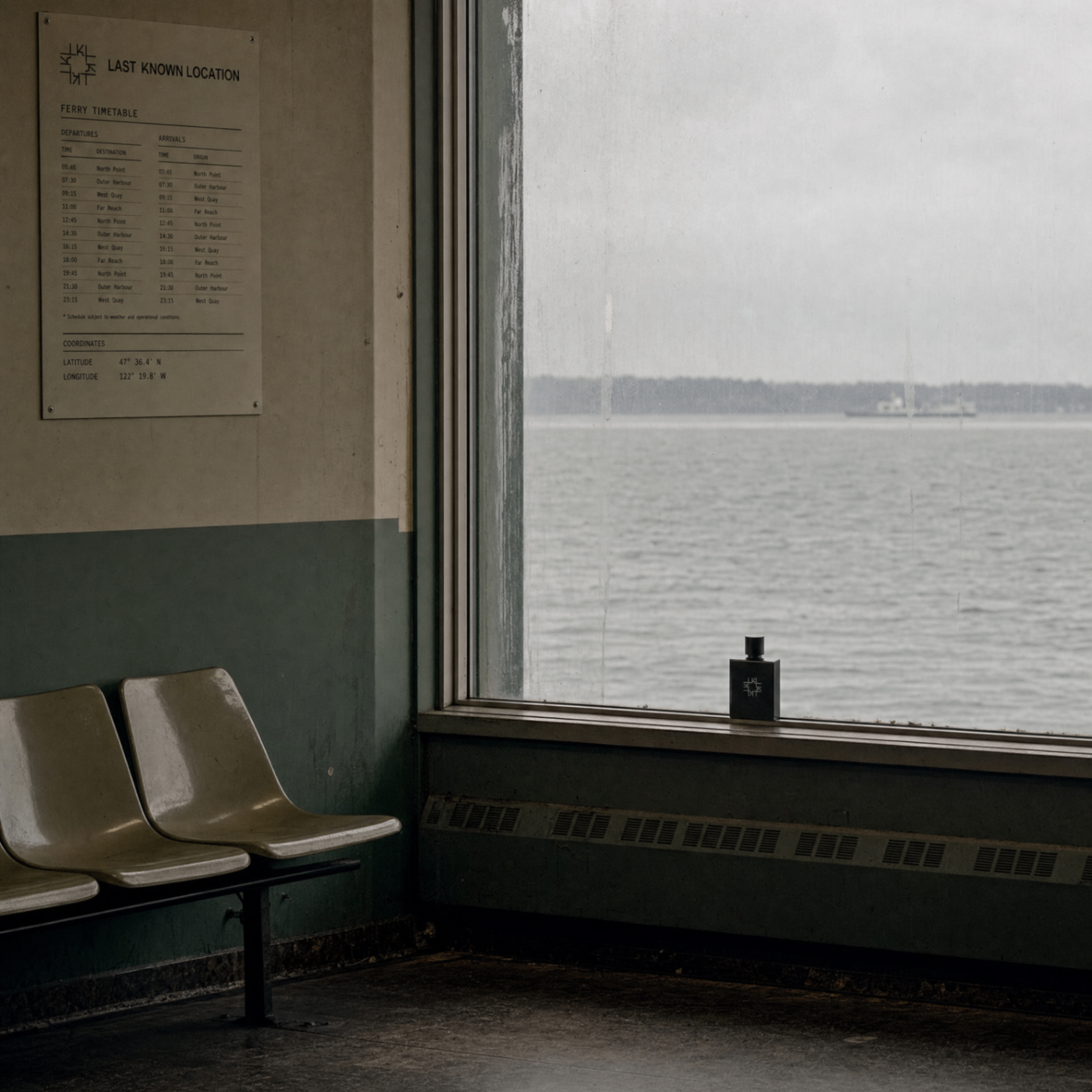 Fragrance placed at a ferry terminal window beside waiting chairs